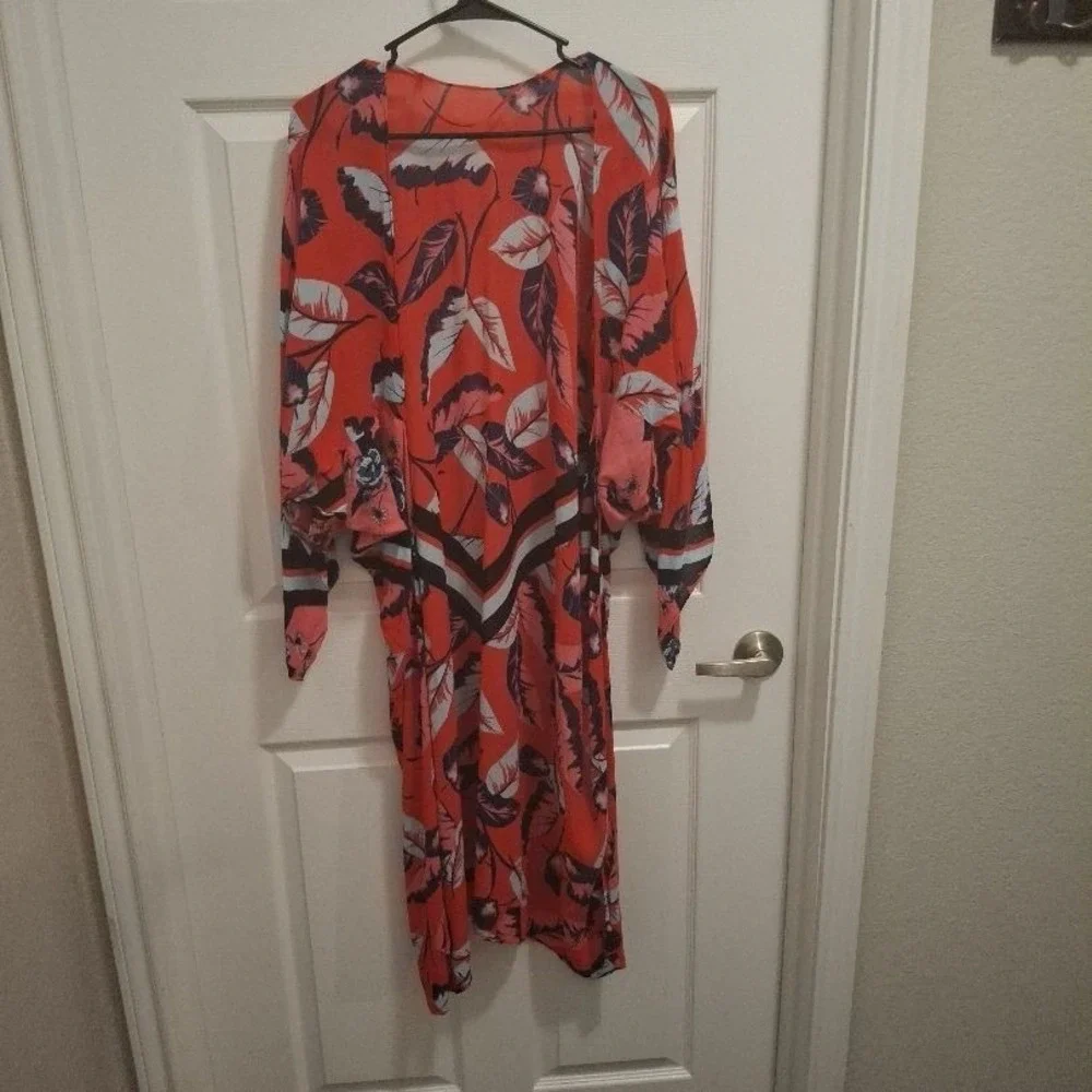 Unbranded One Size Red Blue Tropical Leaf Loose Resort Kimono Coverup